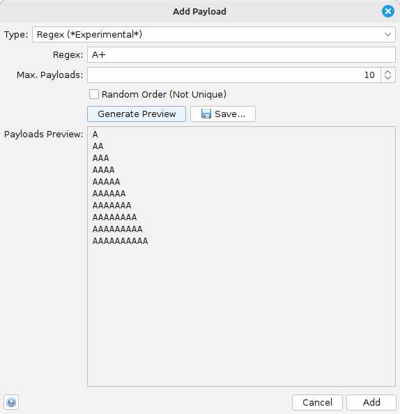 ZAP regular expression payload option